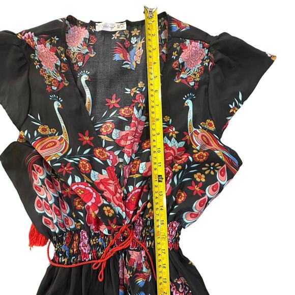 Women's Small Boho Peacock Floral V Neck Hi Low Ruffle Button Down Maxi Dress - Picture 15 of 16